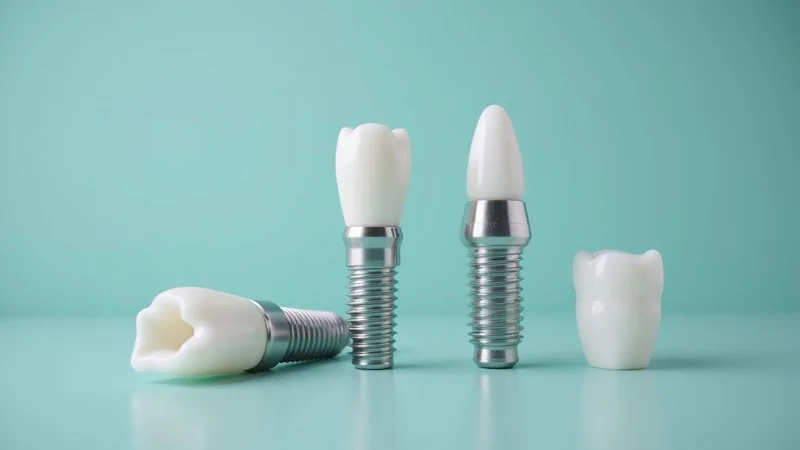 Close-up of premium dental implant components including titanium post abutment and porcelain crown on clinical tray