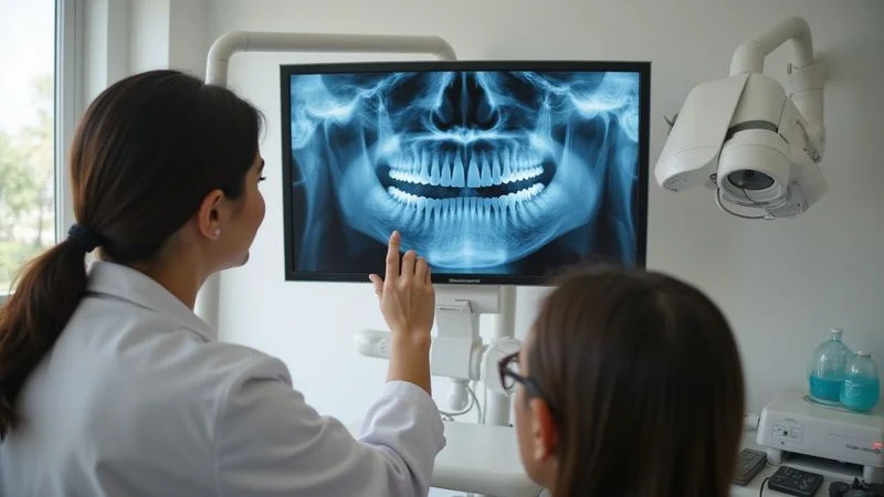 Dentist examining patient dental X-ray on screen to diagnose persistent tooth pain and evaluate implant candidacy