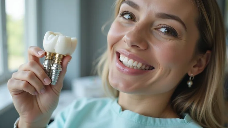 Happy patient admiring completed dental implant result in mirror with natural looking porcelain crown matching surrounding teeth
