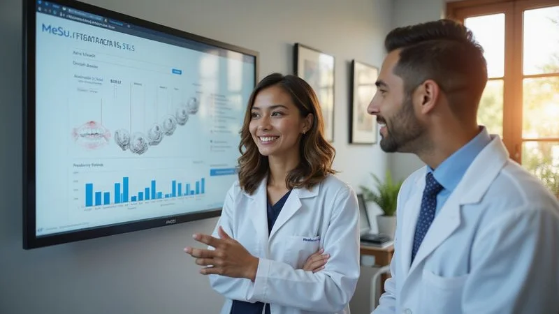Smiling patient reviewing dental treatment plan with dentist on digital screen in bright Playa del Carmen clinic